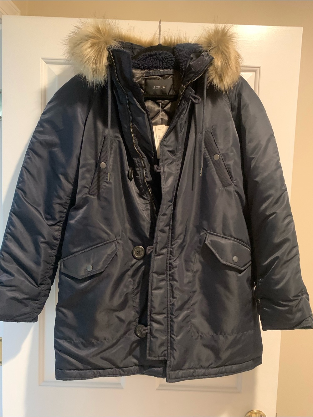 NWT J. Crew Women’s Navy Parka Jacket with Faux Fur Hood